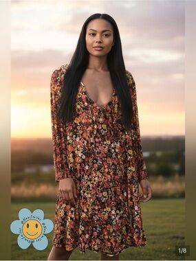 CHEZTU ~ Floral ~ Midi Dress ~ Mesh-Like Outer, Very Pretty Long-Sleeve ~ Lined
